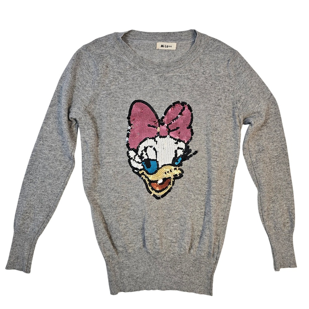 Mi La Gray Daisy Duck Sequin Graphic Crewneck Sweater Long Sleeve Heathered